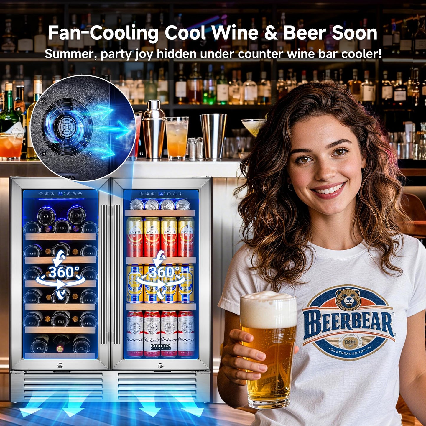 BODEGA 30 Inch Back Bar Cooler with 2 Glass Doors, Commercial Wine & Beverage Refrigerator, Holds 31 Bottles & 92 Cans Dual Zone Drink Fridge, for Beer,Soda Drinks,Wine