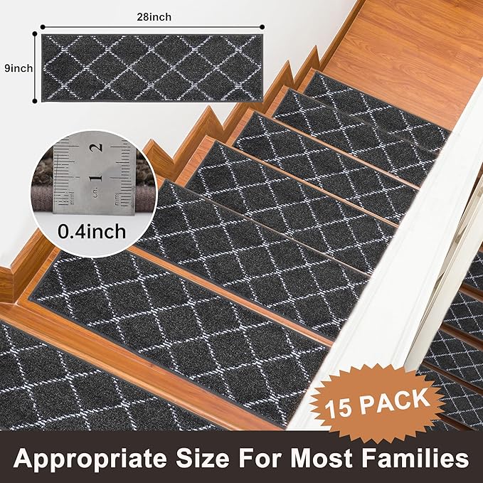 BEQHAUSE Stair Treads for Wooden Steps Non Slip Machine Washable Stair Runner Soft Polyester Stair Rugs 28inX9in for Elders,Kids and Dogs with Self-Adhesive Backing 15pcs,Dark Grey