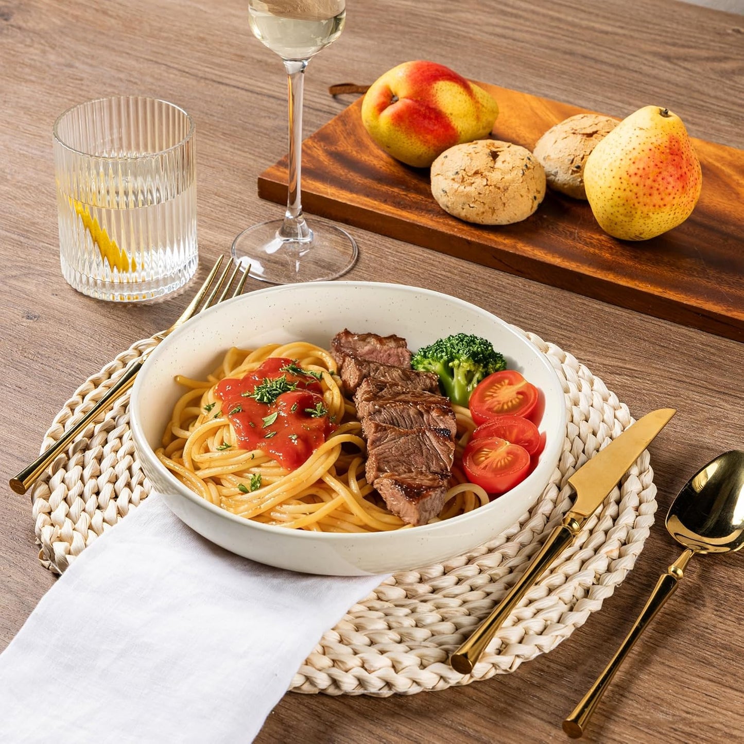 AmorArc Ceramic Dinnerware Sets with Pasta Bowls for 8, Handpainted Plates and Bowls Set with Rustic Terracotta Underside, Scratch Resistant Dishes Set, Dishwasher & Microwave Safe, 32 Pcs