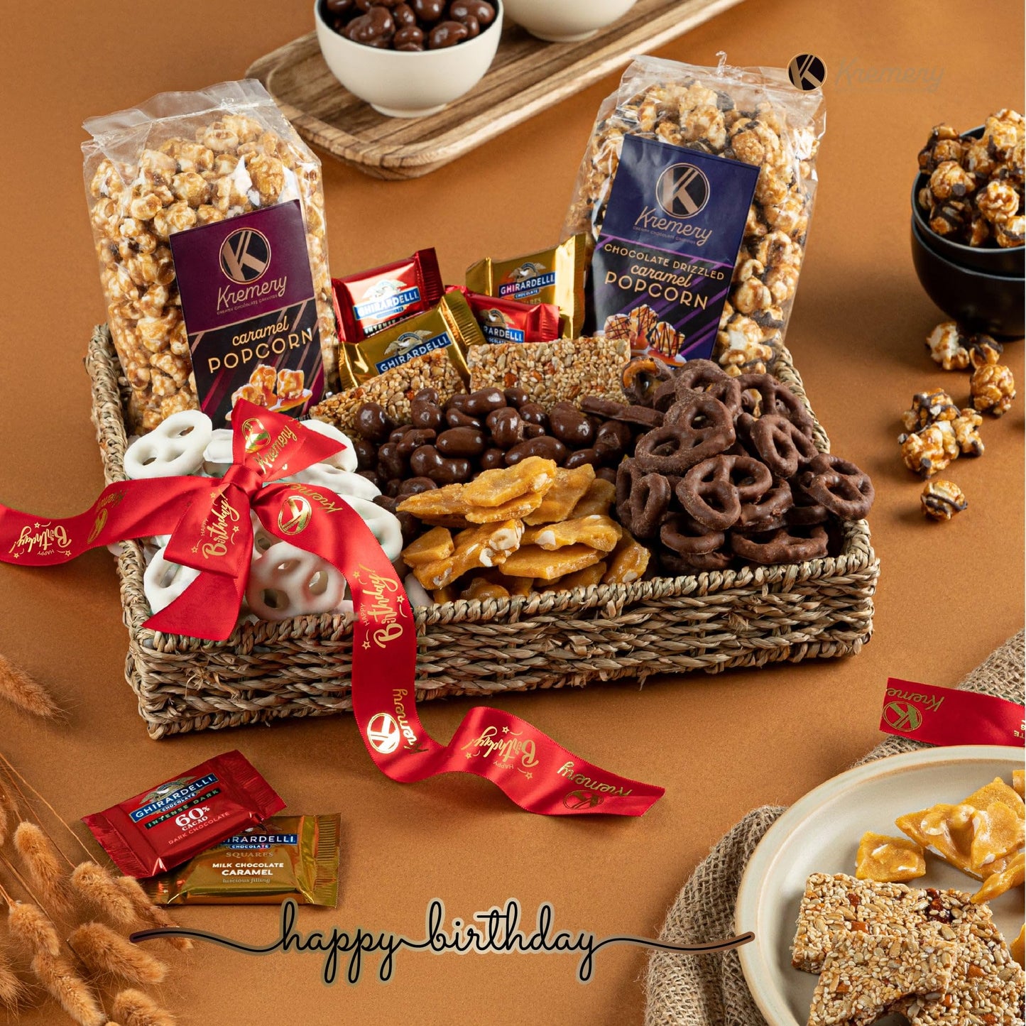 KREMERY Creamy Chocolate Cravings - Happy Birthday Treats, Chocolate Covered Pretzels & Caramel Popcorn Gift Basket, in Seagrass Tray + Ribbon & Greeting Card (Deluxe, 3.5 lbs) Food Assortments