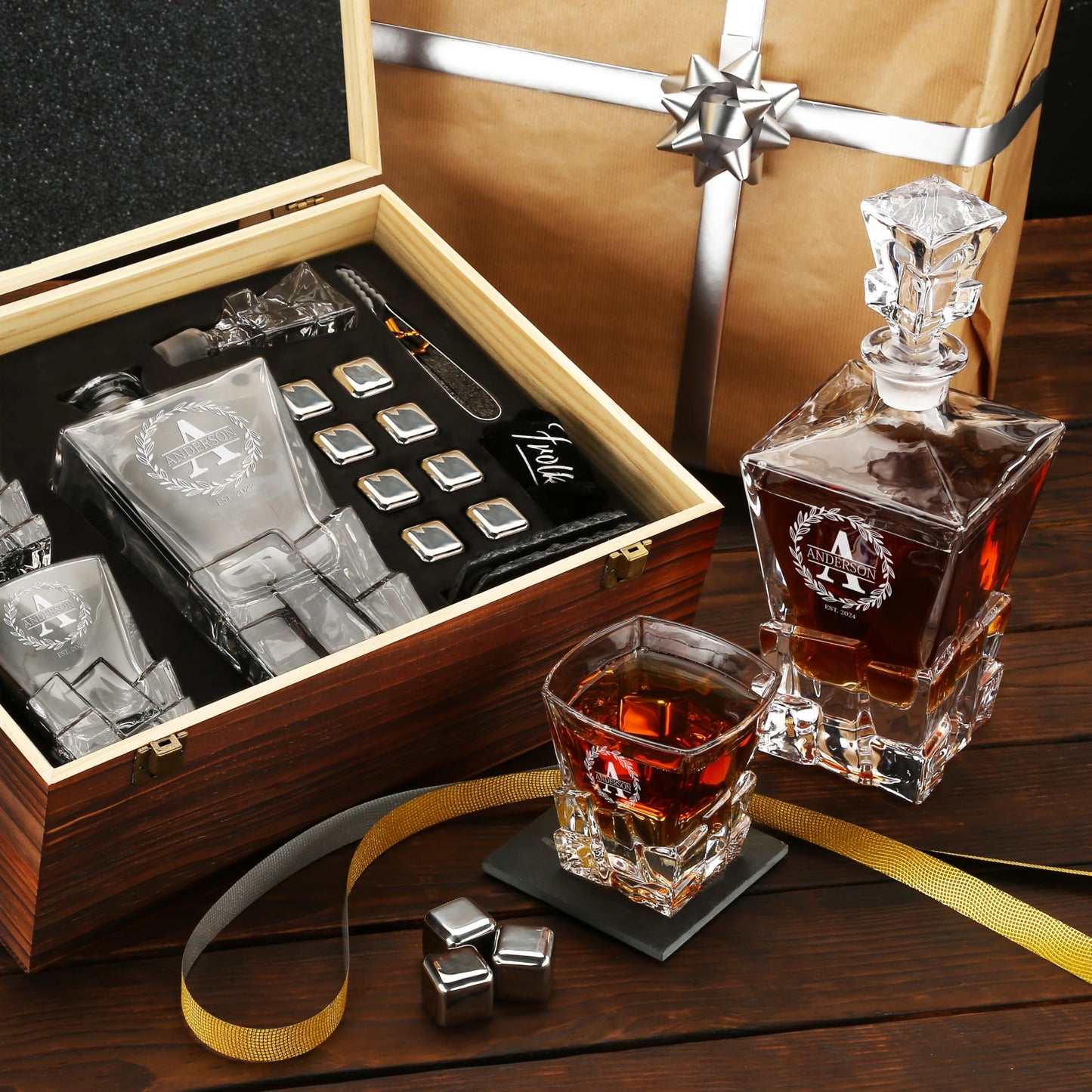 Personalized Whiskey Decanter and Stones Set - Customized Gift for Men, Dad, Father - Engraved Rocks Whiskey Decanter, 2 XL Glasses, 8 Whisky Cubes, 2 Coasters, Tongs, Pouch in Wooden Gift Box