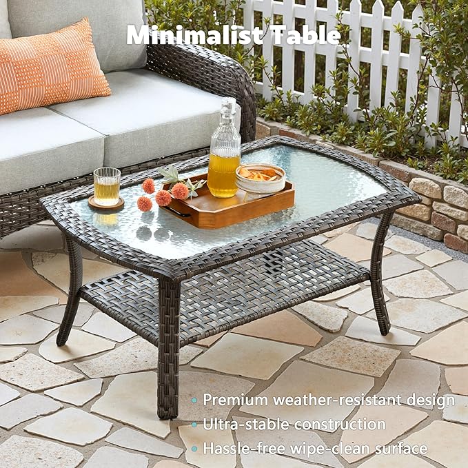 CAODOC 4-Piece Wicker Patio Furniture Set, All-Weather Rattan Conversation Bistro Loveseat Chair and Table Set for Backyard, Balcony and Deck with Soft Cushions and Metal Table(Gray)