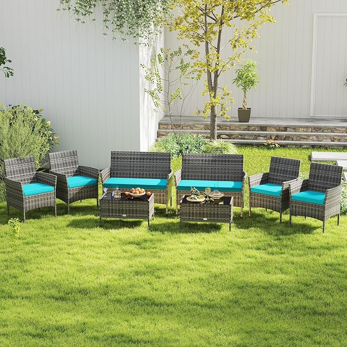 RELAX4LIFE 8-Piece Patio Furniture Set - Rattan Outdoor Conversation Bistro Set w/Cushions, Glass Coffee Table, Wicker Chairs & Loveseat for Pool Garden Backyard Porch Balcony (2, Mix Grey-Turquoise)