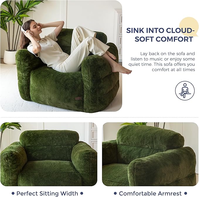 MAXYOYO Giant Bean Bag Chair for Adults, Ultra Soft Fluffy Bean Bag Sofa, Oversized Floor Sofa for Living Room Bedroom, Cozy Reading Chair with Filler, Green