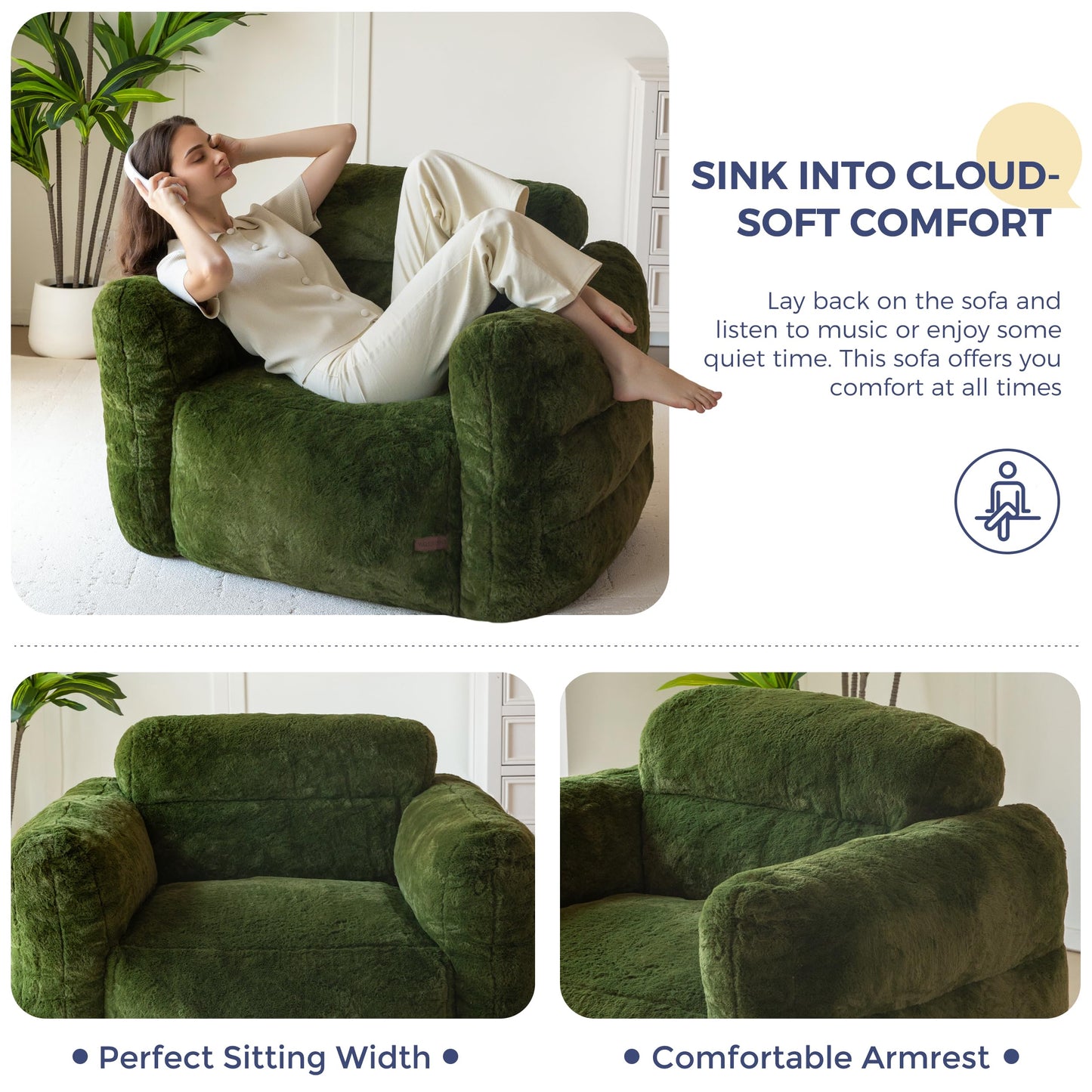 MAXYOYO Giant Bean Bag Chair for Adults, Ultra Soft Fluffy Bean Bag Sofa, Oversized Floor Sofa for Living Room Bedroom, Cozy Reading Chair with Filler, Green