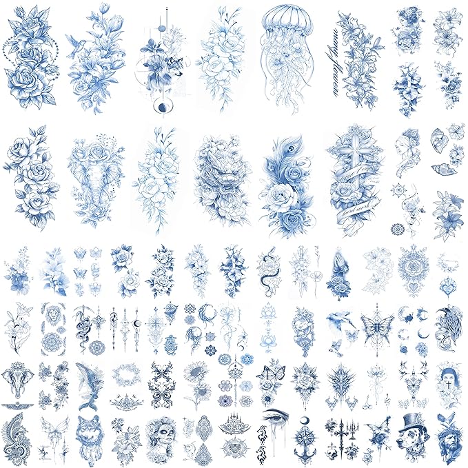 Women's Artistic Temporary Tattoos | Featuring Floral, Jellyfish, Elephant & Dragon-Head Patterns, Safe & Non-Toxic, Suitable for Daily Life, Parties & Travel (Sea Blue)