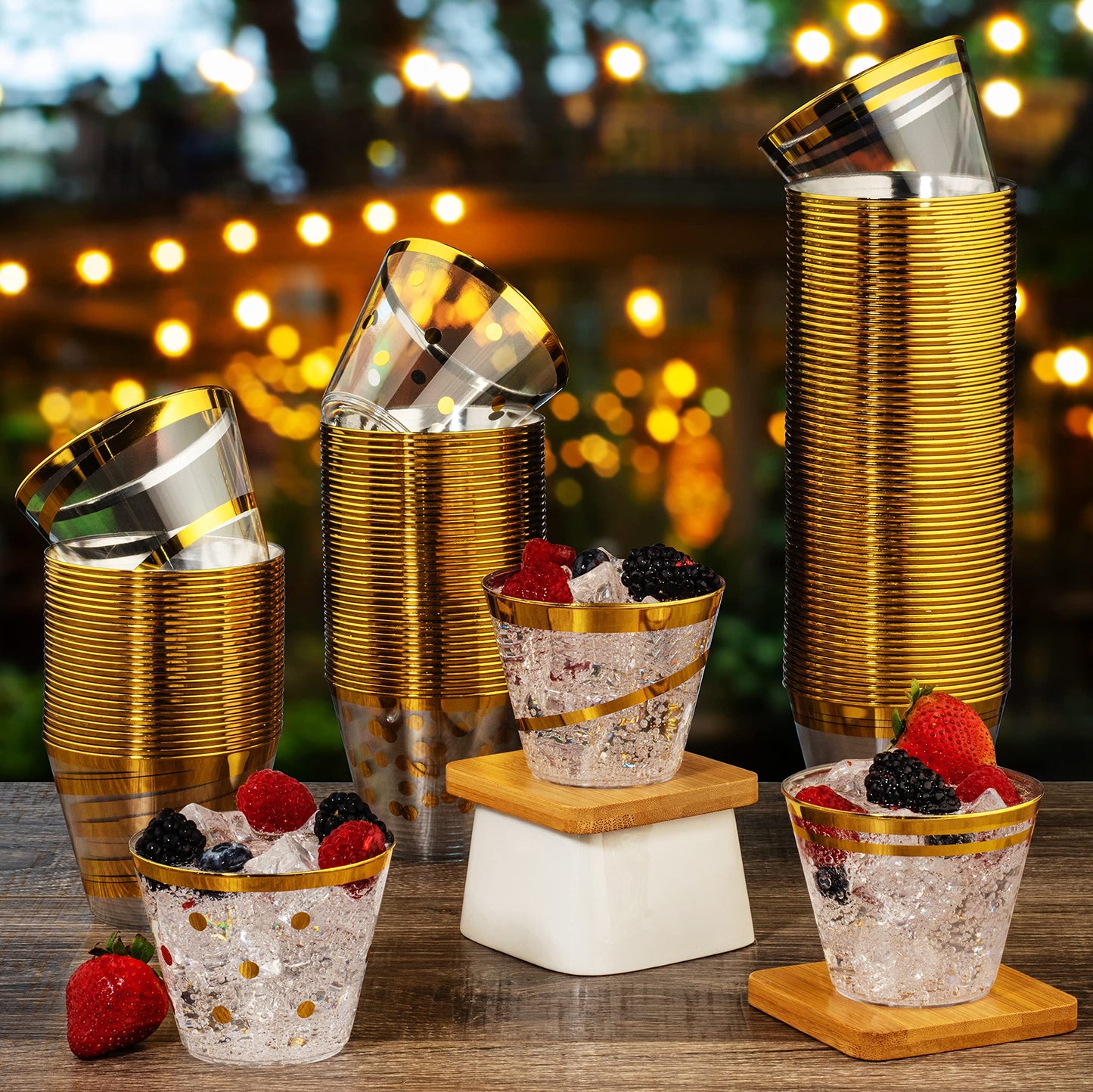 Perfect Settings 110 Gold Swirl Clear Plastic Cups 9 Ounce - Holiday Wedding Party Elegant Trimmed Disposable Cups - Fancy Wedding Cups