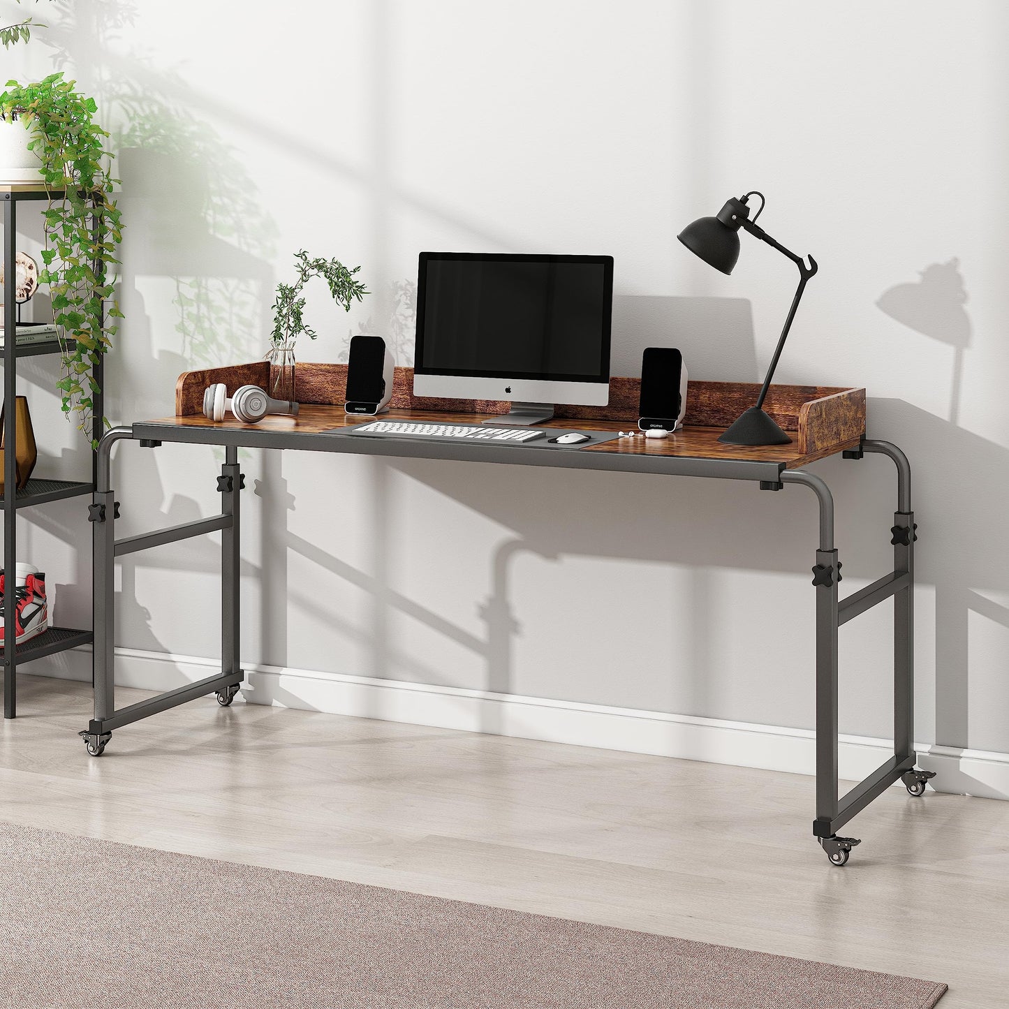 Furist Overbed Table with 360° Wheels, Queen Size Mobile Bed Desk, Recliner Table Over Bed Table Adjustable Height and Length Overbed Table with Heavy Duty Metal Leg for Hospital and Home use