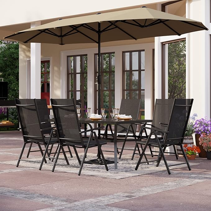PHI VILLA Outdoor Patio Folding Chairs Set of 6, Portable Patio Dining Chairs with Adjustable Backrest for Outside, Garden, Lawn & Yard, No Assembly, Black
