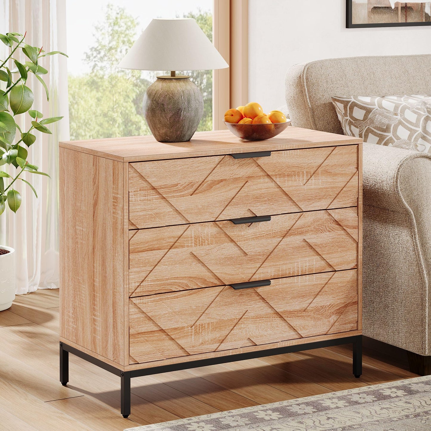 Tribesigns Wooden Nightstand with 3 Drawers, 31" Wide Night Stand with Metal Legs, Modern Large Bedside End Table for Bedroom, Living Room (1)