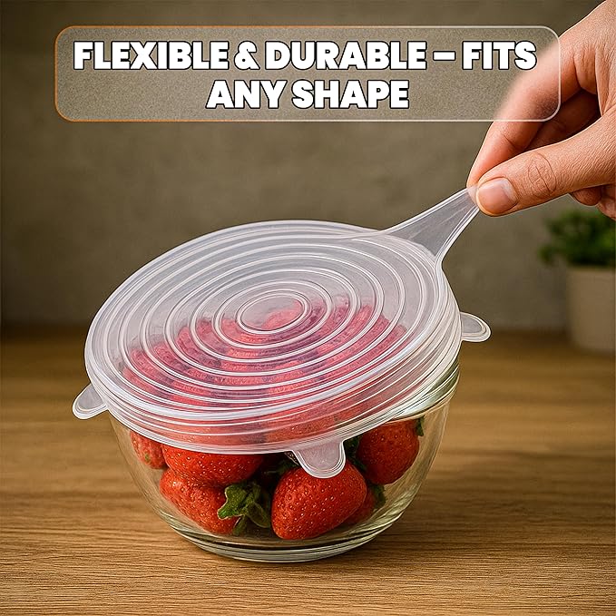 6pcs Silicone Stretch Lids – Reusable Food Covers for Bowls, Cups, Jars, and Containers – Durable, Expandable, Airtight Seal to Keep Food Fresh and Reduce Waste