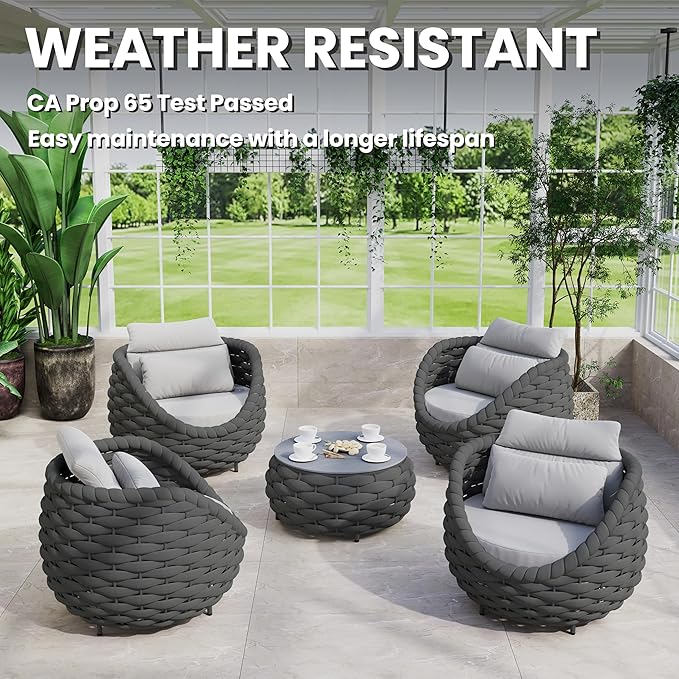 Erotr Front Porch Furniture Set: 5 Pieces Woven Rope Patio Conversation Set Aluminum - All Weather Cushioned Outdoor Sofa Set Assembled - Metal Modern Couch Set for 400lbs Deck Garden Poolside Hotel