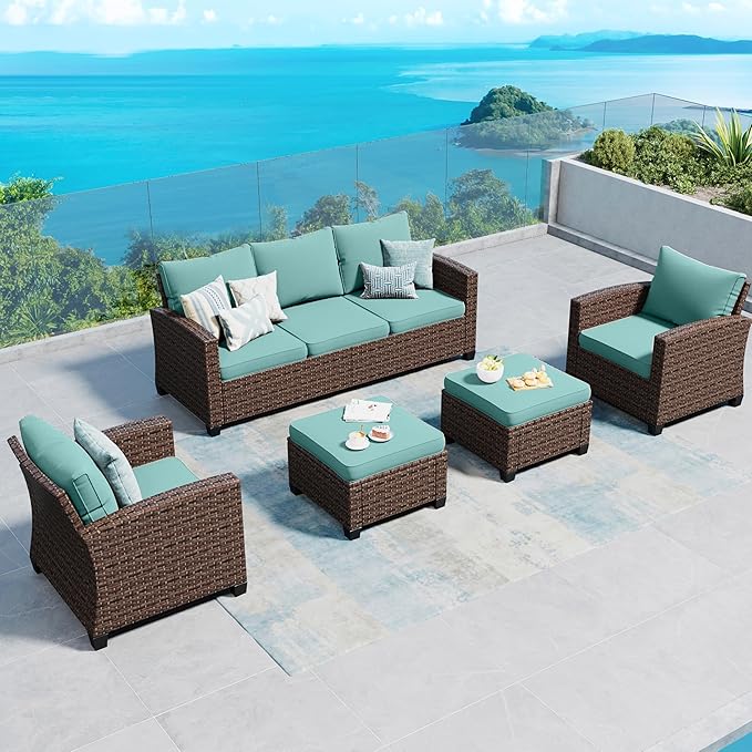 SUNSHINE VALLEY Patio Furniture Set Outdoor Furniture Brown Wicker Rattan Patio Conversation Sets with Cushion Outside Sofa Set,5 Pieces 7 Seats,Blue