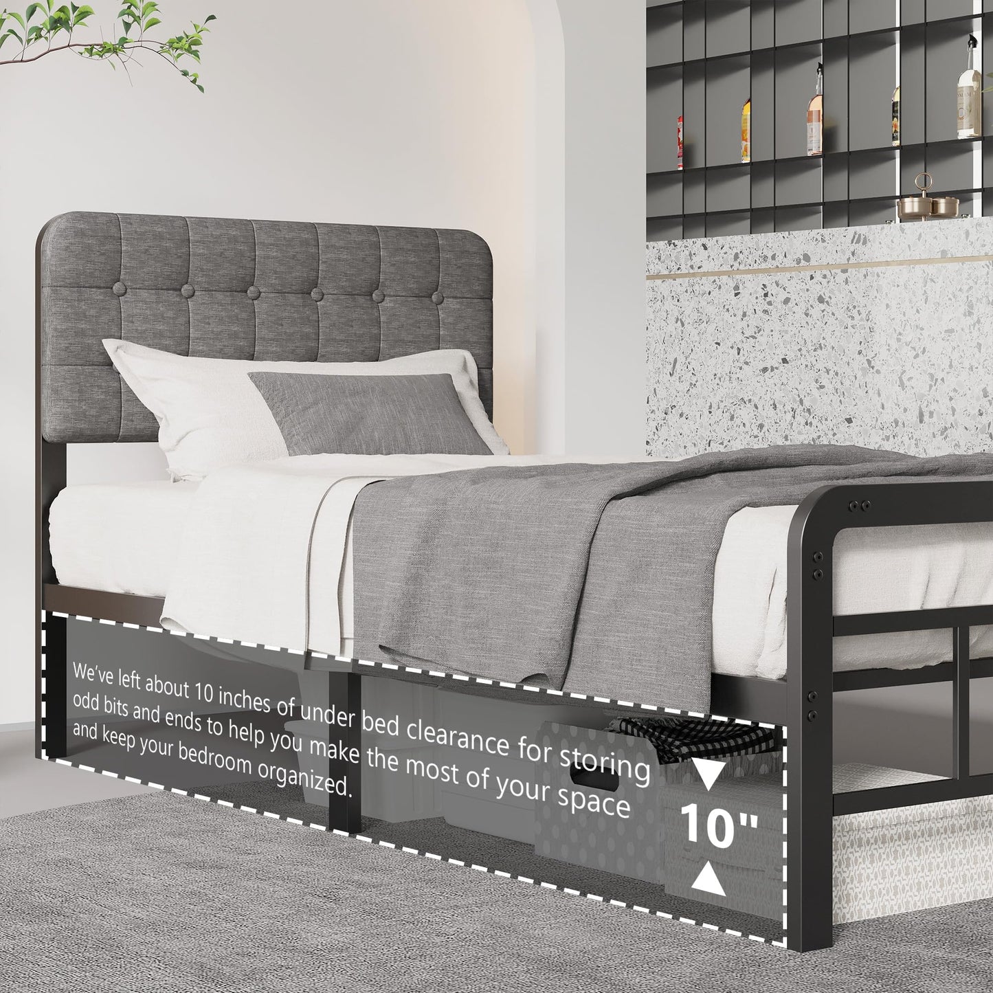 Lutown-Teen 12 Inch Twin XL Bed Frames with Upholstered Headboard and Metal Footboard, No Box Spring Needed, Heavy Duty XL Twin Metal Mattress Foundation, Noise Free, Easy Assembly