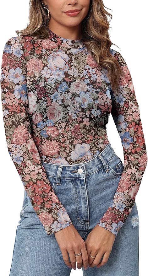 Gleeneat Womens Mesh Floral Long Sleeve Tops Lace Undershirt Mock Neck Going Out Sheer Blouses 2025 Trendy