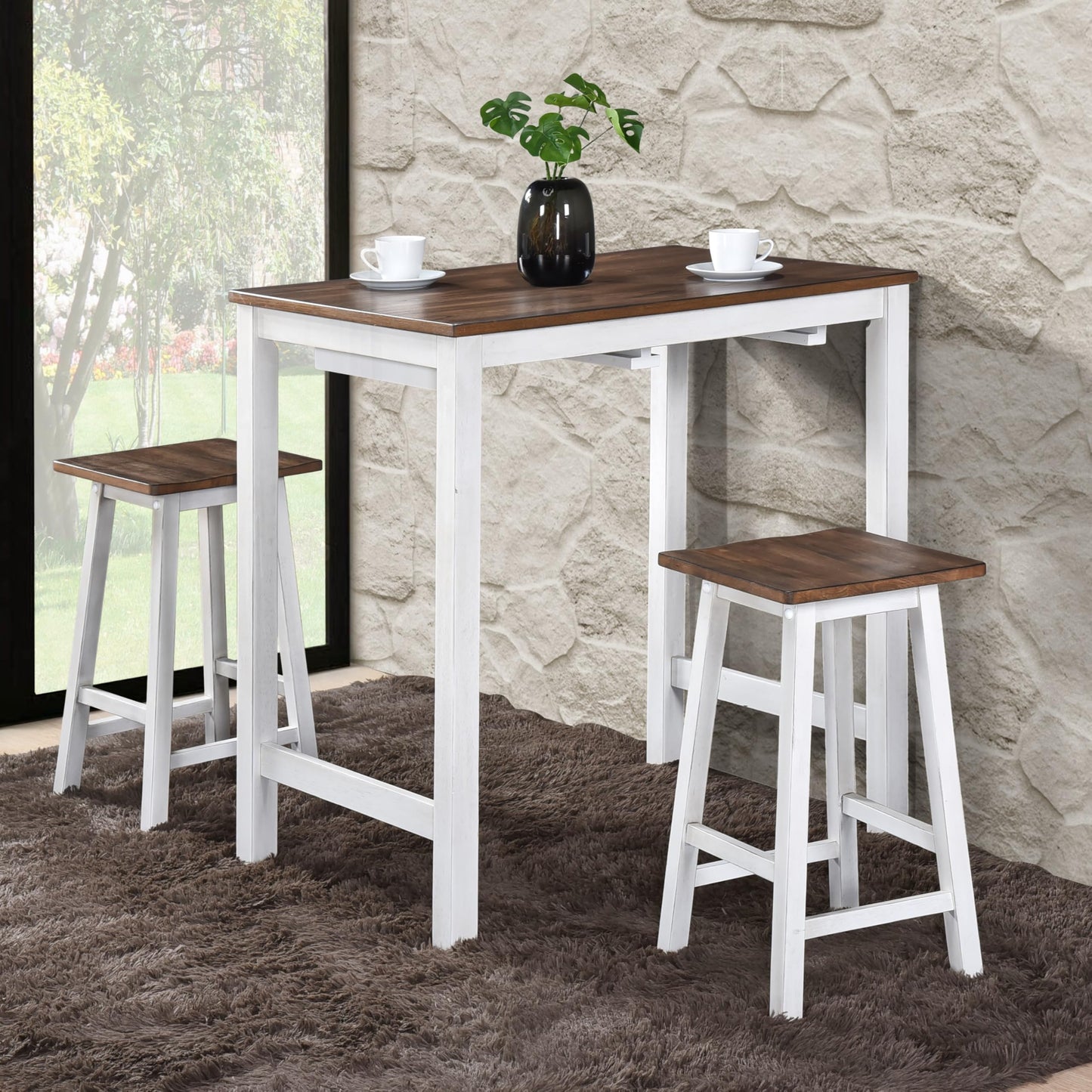Fonkoir 3 Piece Bar Table Set, Counter Height Pub Table with 2 Saddle Bar Stools, Pub Dining Set Kitchen Table Set for 2, 42'' Wood Table & Chair Set for Bar Kitchen Office, Greyish Brown