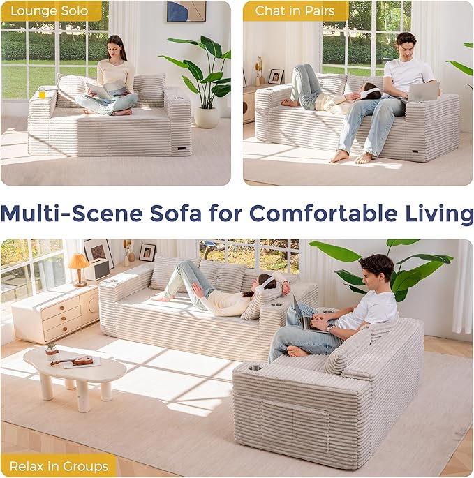 MAXYOYO Boneless Couch and Loveseat Sets for Small Spaces, Mini Love Seat Floor Couch with Cup Holders and Pillows, Upholstered Cloud Couch for Bedroom Apartment, No Assembly Required