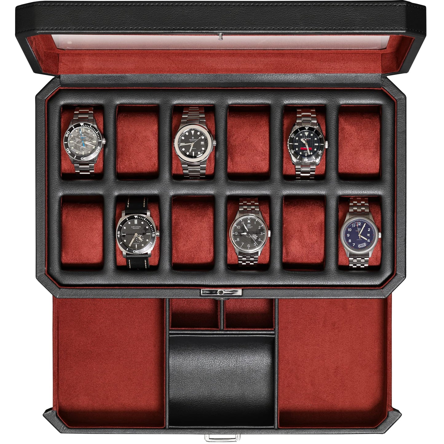 ROTHWELL 12 Slot Leather Watch Box with Valet Drawer - 12 Slot Luxury Watch Case Display Organizer, Microsuede Liner, Mens Accessories Holder, Jewelry Case, Jewelry Display Organizer - Black/Red