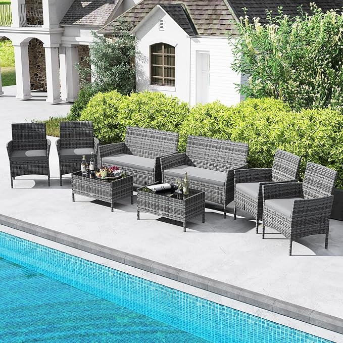 RELAX4LIFE 8-Piece Patio Furniture Set - Rattan Outdoor Conversation Bistro Set w/Cushions, Glass Coffee Table, Wicker Chairs & Loveseat for Garden Backyard Porch, Balcony Furniture Set (2, Mix Grey)
