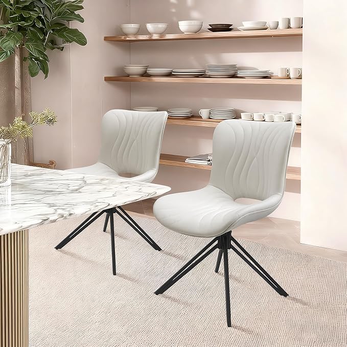 VATROS Dining Chairs Set of 6, 360° Swivel Upholstered Mid-Century Modern Kitchen Dining Room Chairs, Armless Faux Leather Accent Side Chair with Padded Back, Metal Legs for Living Room Bedrooms,White