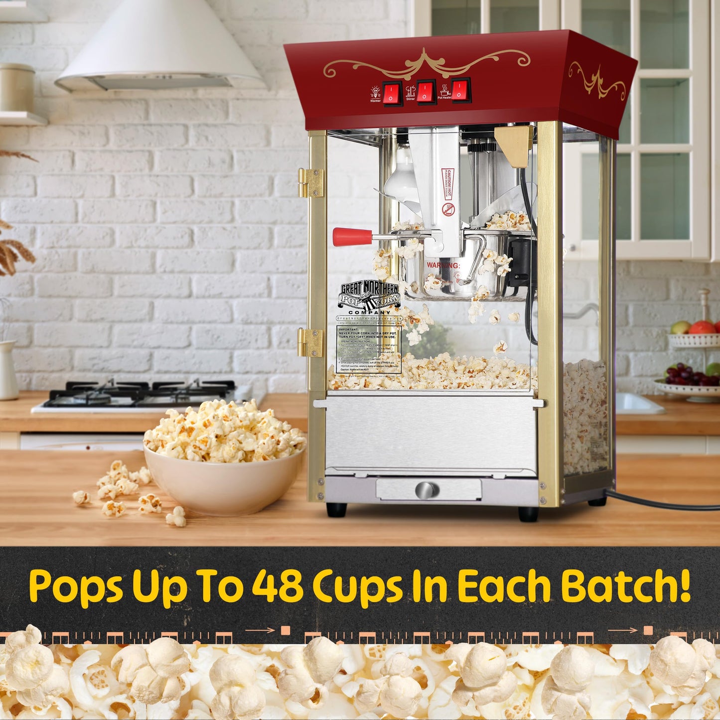 Matinee Popcorn Machine - 8oz Popper with Stainless-Steel Kettle, Reject Kernel Tray, Warming Light, and Accessories by Great Northern Popcorn (Red)