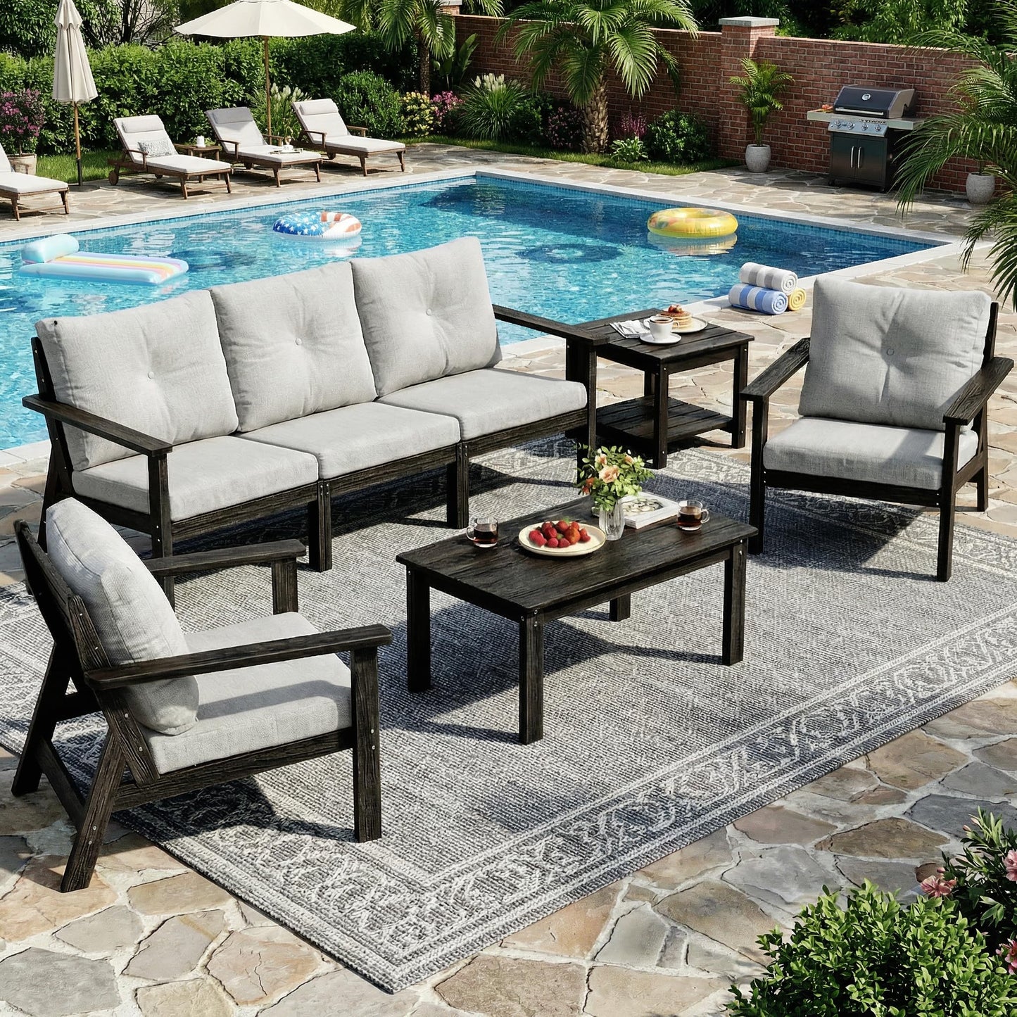 PamapicLife 7-Piece HDPE Patio Furniture Set, Outdoor Sectional Sofa Set,All Weather Outdoor Couch with Dust-Free Cushions, Durable Patio Conversation Sets for Balcony, Porch, Black