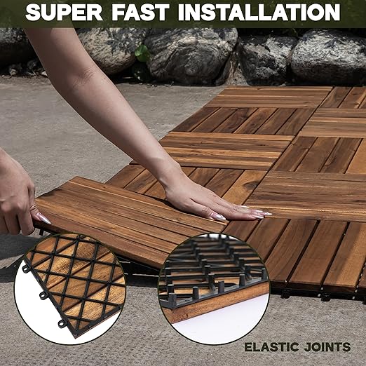 VICTORY RELAX Acacia Wood Decking Tiles 9PCS - Easy Snap Interlocking Deck Tiles for Patio Poolside Balcony Decor - All Weather Waterproof Flooring for Indoor & Outdoor (Round Joints)
