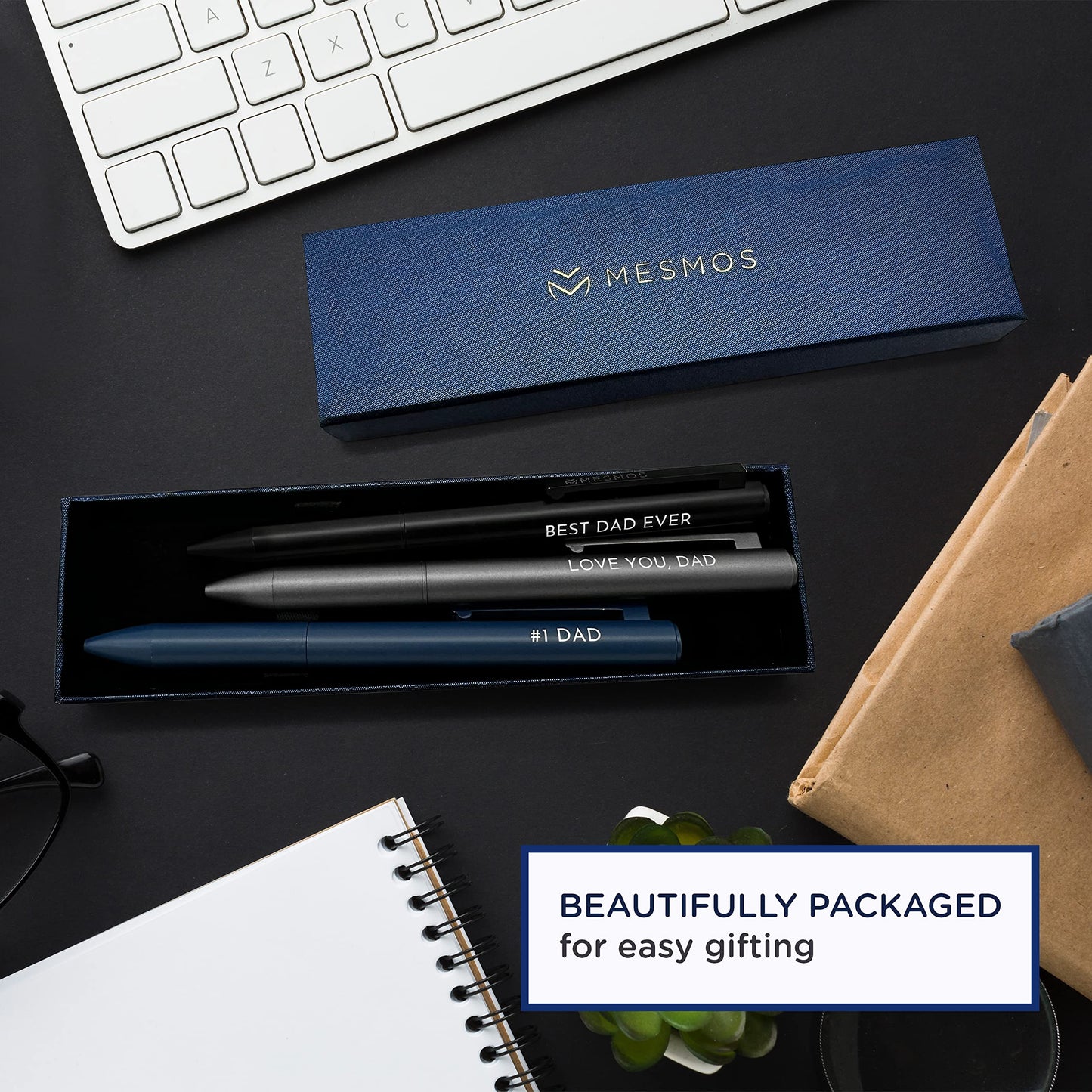 MESMOS 3Pk Luxury Fancy Pen Set, Birthday Gifts for Dad, Unique Gifts from Daughter Son Wife, Presents for Dad Birthday, Cool Black Best Ever Gift, Metal Ballpoint Pens