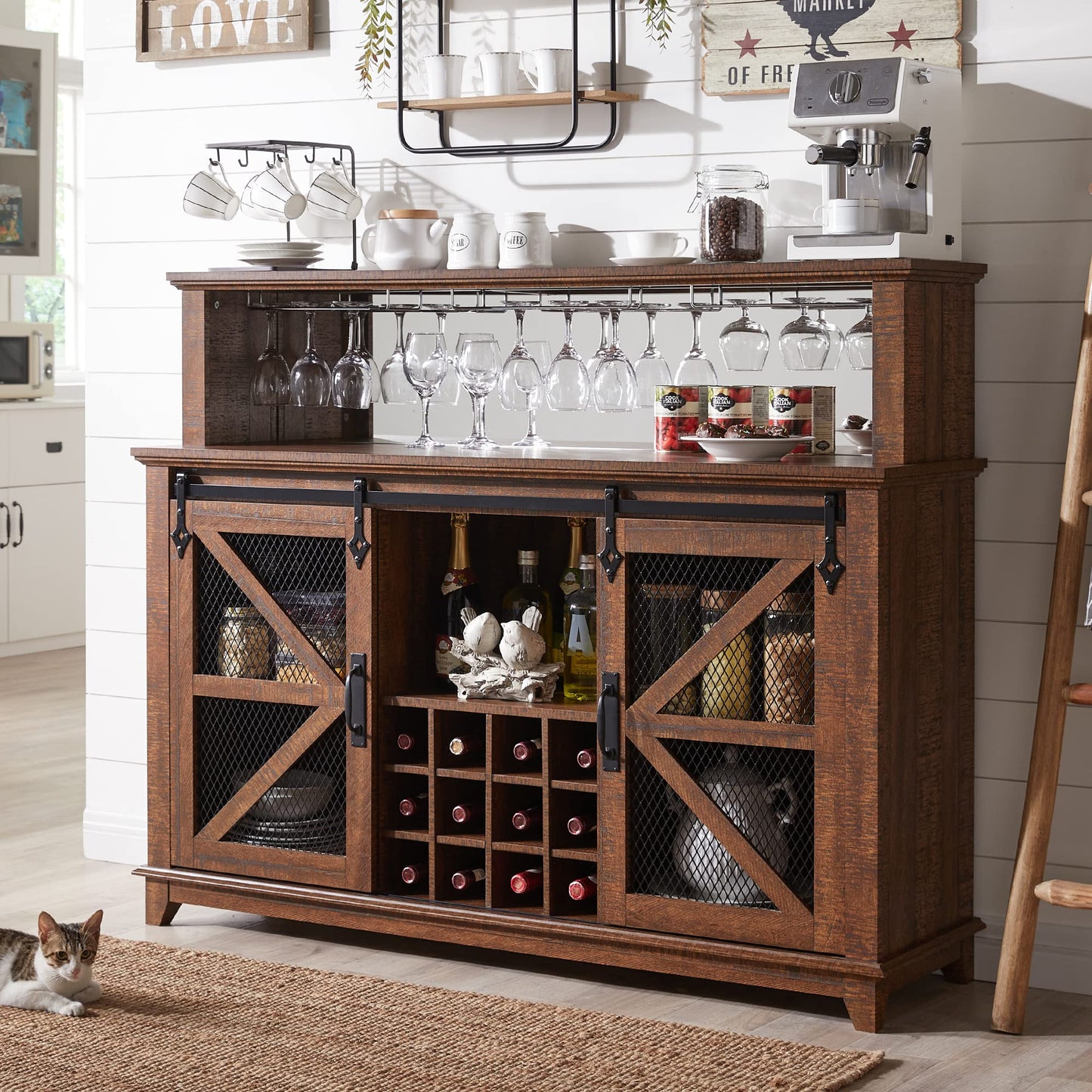 OKD Farmhouse Coffee Bar Cabinet with LED Lights, 55" Wine Bar w/Sliding Barn Door & Wine and Glass Rack, Kitchen Buffet Cabinet w/Storage Shelves for Dining Room,Reclaimed Barnwood