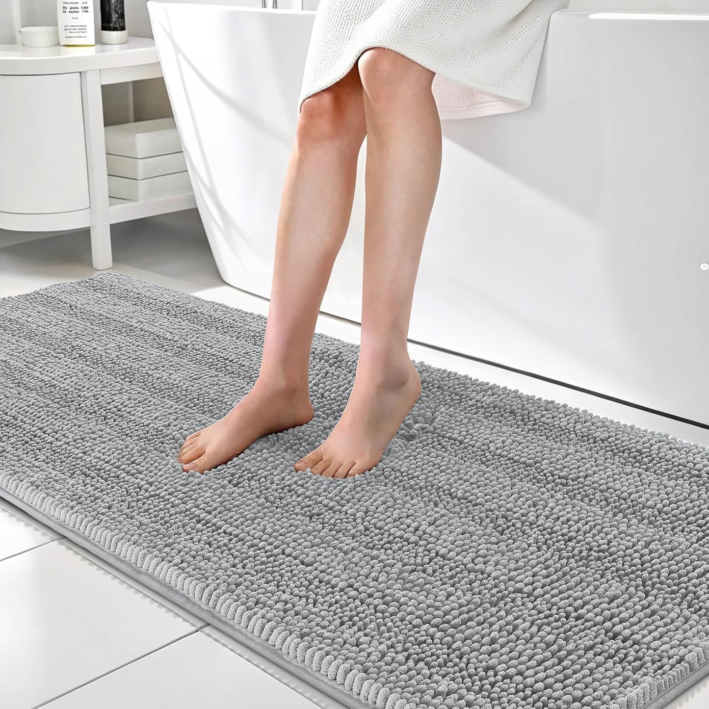 OLANLY Thick Bathroom Rugs 70x24, Extra Soft Absorbent Chenille Striped Bath Rugs, Rubber Backing, Machine Wash Dry, Bath Mats for Bathroom Floor, Tub and Shower, Home Decor Accessories, Light Grey