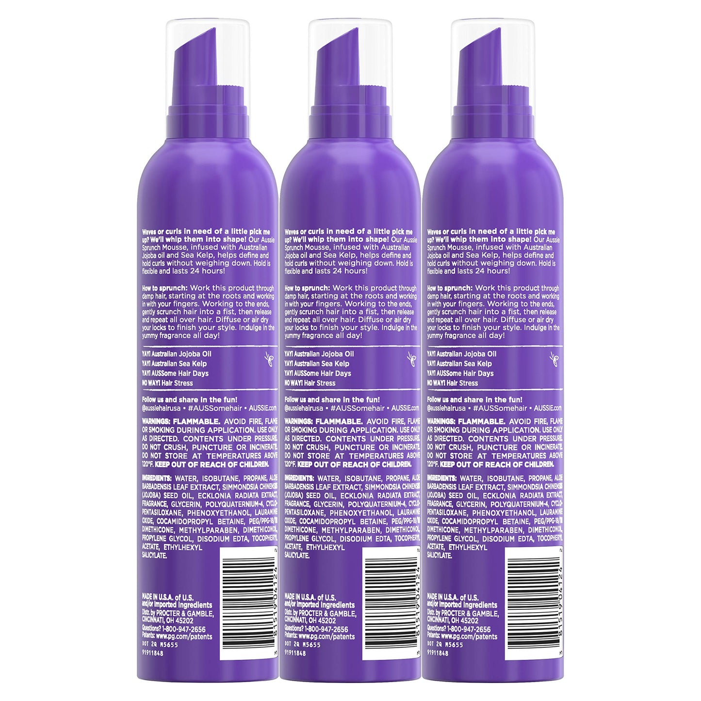 Aussie Leave In Conditioner & Mousse, with Jojoba & Sea Kelp, Sprunch, For Curly Hair, 6.8 fl oz, Triple Pack