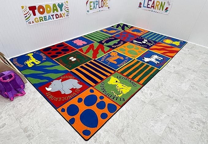 KIDCARPET.COM Bilingual Animals Rug, 6' x 8'6", Educational Classroom Rug, Kids Learning Play Mat | Area Rug for Bedroom or Playroom