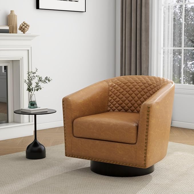 UIXE Swivel Accent Chairs Set of 4, PU Leather Barrel Club Chair for Living Room, Upholstered Round Armchair Comfy Single Sofa Bedroom Reading Seat - Coffee