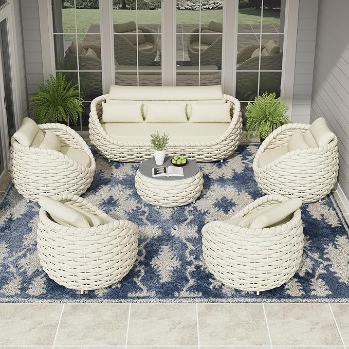 Erotr Woven Rope Outdoor Sofa Set: 6 Pieces Aluminum Patio Conversation Set Assembled - All Weather Cushioned Porch Furniture Couch - Modern Metal Lounge Set for Deck Yard Resort Hotel Sunroom, Beige