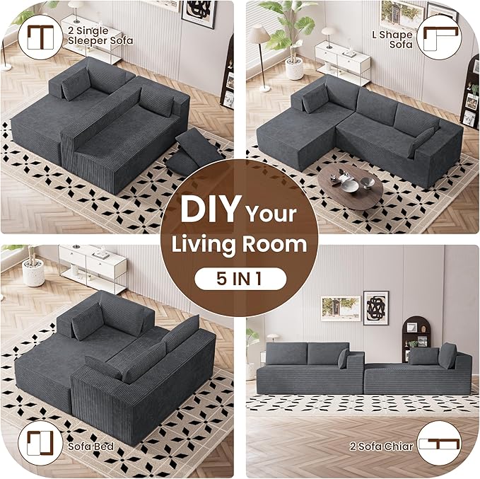 106" Cloud Sectional Boneless Couches for Living Room, Modular L Shaped Couch with Deep Seat Oversized Left Facing Chaise, Memory Foam Compressed Spineless 3 Seater Sofa for Bedroom Apartment, Grey