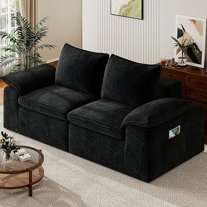 Buytime 76” Comfy Cloud Loveseat Sofa, Convertible Boneless Loveseats for Living Room, Wide 2-Seat Modern Modular Sectional Sofa with Deep Seat, Double-Layer Cloud Cushion and Headrest, Black