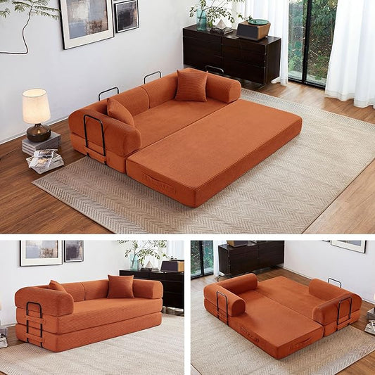 79" 5-in-1 Folding Convertible Sofa Bed, Oversized Corduroy Futon Floor Couch with Pull-Out Sleeper, Modular Boneless Loveseat for Small Spaces, Living Room, Bedroom (Orange)