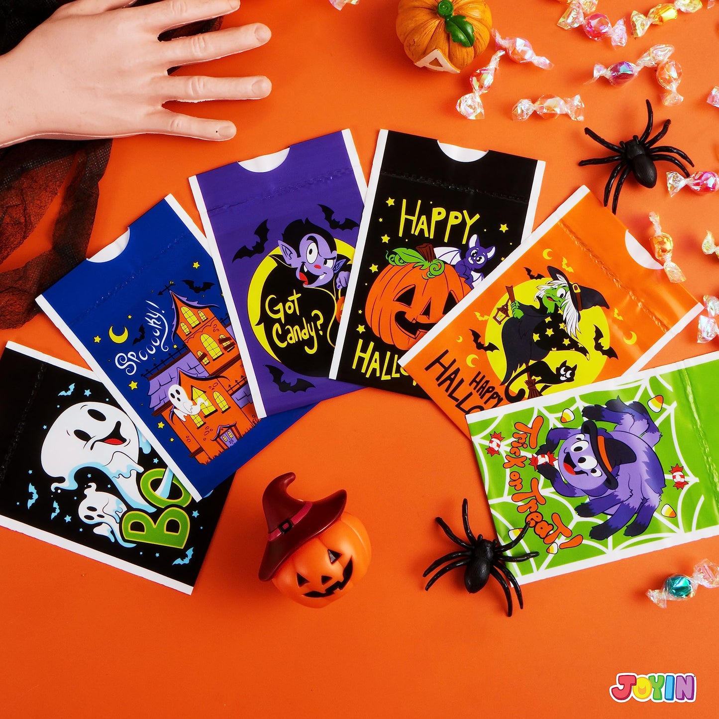 JOYIN 60 PCS Halloween Drawstring Treat Bags, Goodie Candy Trick or Treat Bags Bulk, 6 Design Goody Bag for Trick or Treating, Small Plastic Snack Gifts Bag for Kids Halloween Party Favors Supplies