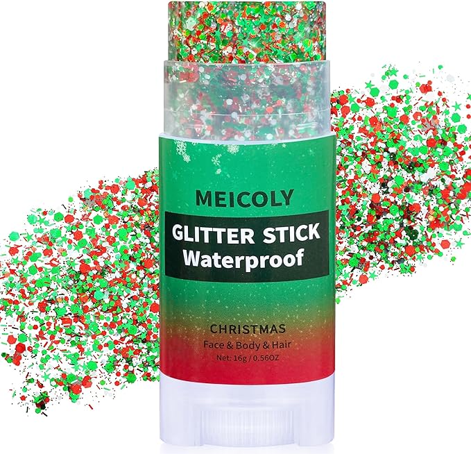 MEICOLY Red and Green Face Body Glitter Stick for Christmas,Hair Glitter Stick for Kids Women,Sparkle Christmas Glitter Makeup,Stocking Stuffers for Women Kids,Chunky Face Glitter for Festival Party