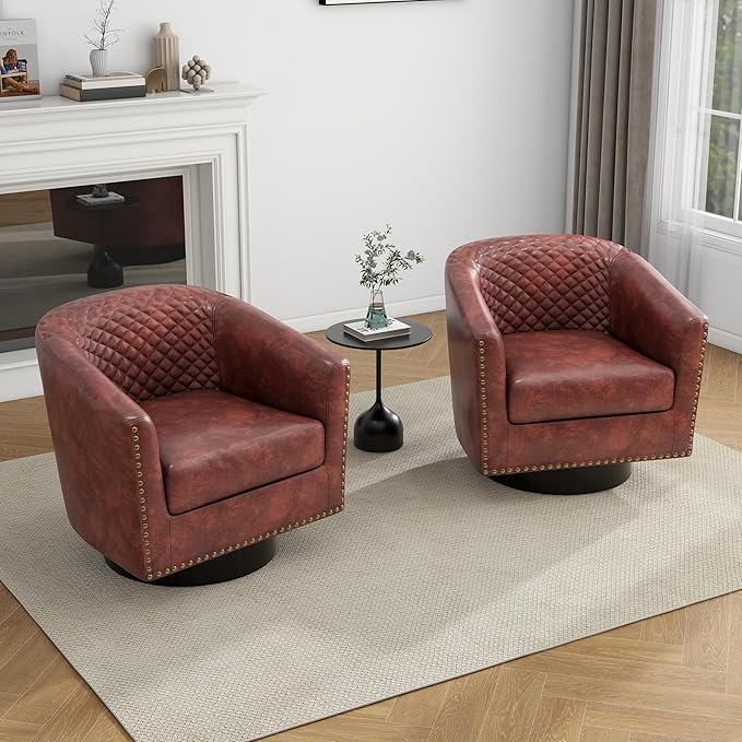 UIXE Swivel Accent Chairs Set of 4, PU Leather Barrel Club Chair for Living Room, Upholstered Round Armchair Comfy Single Sofa Bedroom Reading Seat - Red Brown