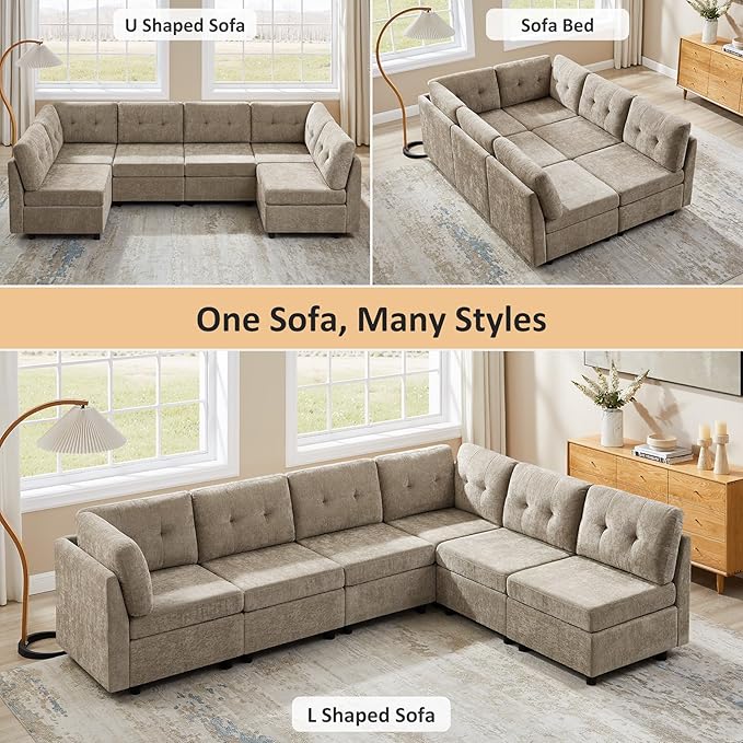 VANOMi 6 Seater Modular Cloud Sofa, 118" Convertible Sectional Cloud Sofas & Couches for Living Room, Comfy Chenille Sectional Couch Sofa for Living Room, Apartment, Office, Camel, L/U Shaped