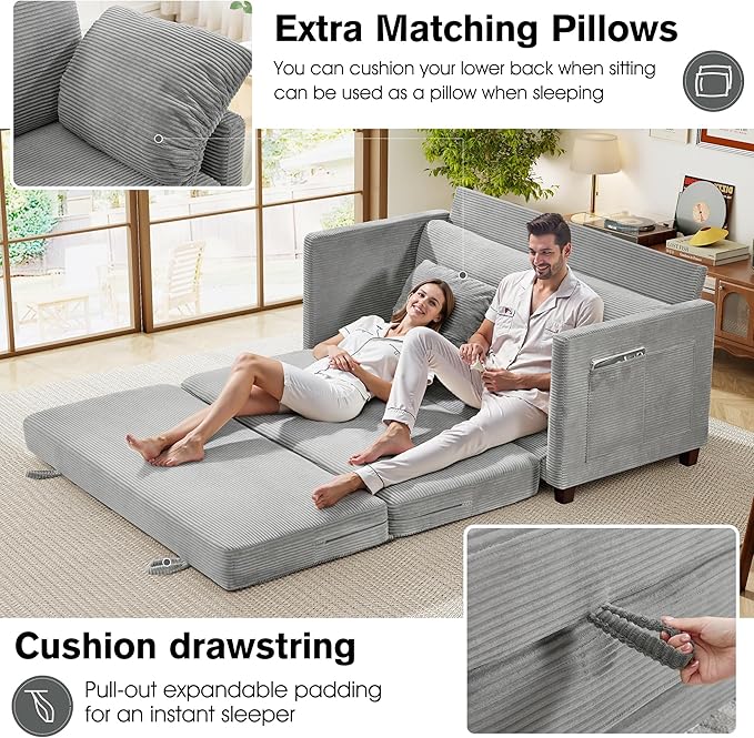 kakuboohi 65" Loveseat Sleeper Sofa Bed, Corduroy Convertible Sofa Bed for Small Spaces, Folding Couch Bed with Deep Seat, 2 Pillows & Solid Frame, Pull Out Floor Couches for Living Room, Grey