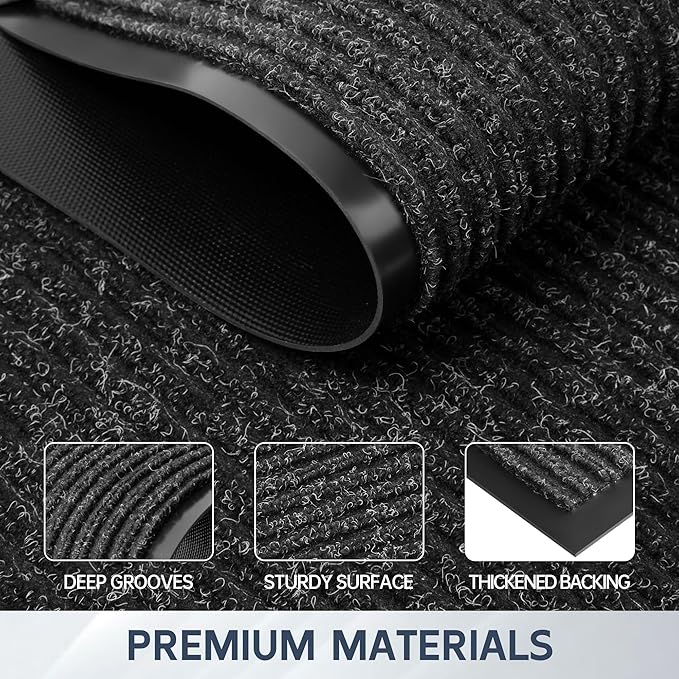 Front Door Mat, 60" x 36" Heavy Duty Indoor Outdoor Doormat, Non-Slip Welcome Mats for Entryway, Rubber Backing Low Profile Commercial Door Mats, Black Stripe