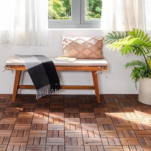 VICTORY RELAX Acacia Wood Decking Tiles 9PCS - Easy Snap Interlocking Deck Tiles for Patio Poolside Balcony Decor - All Weather Waterproof Flooring for Indoor & Outdoor (Round Joints)