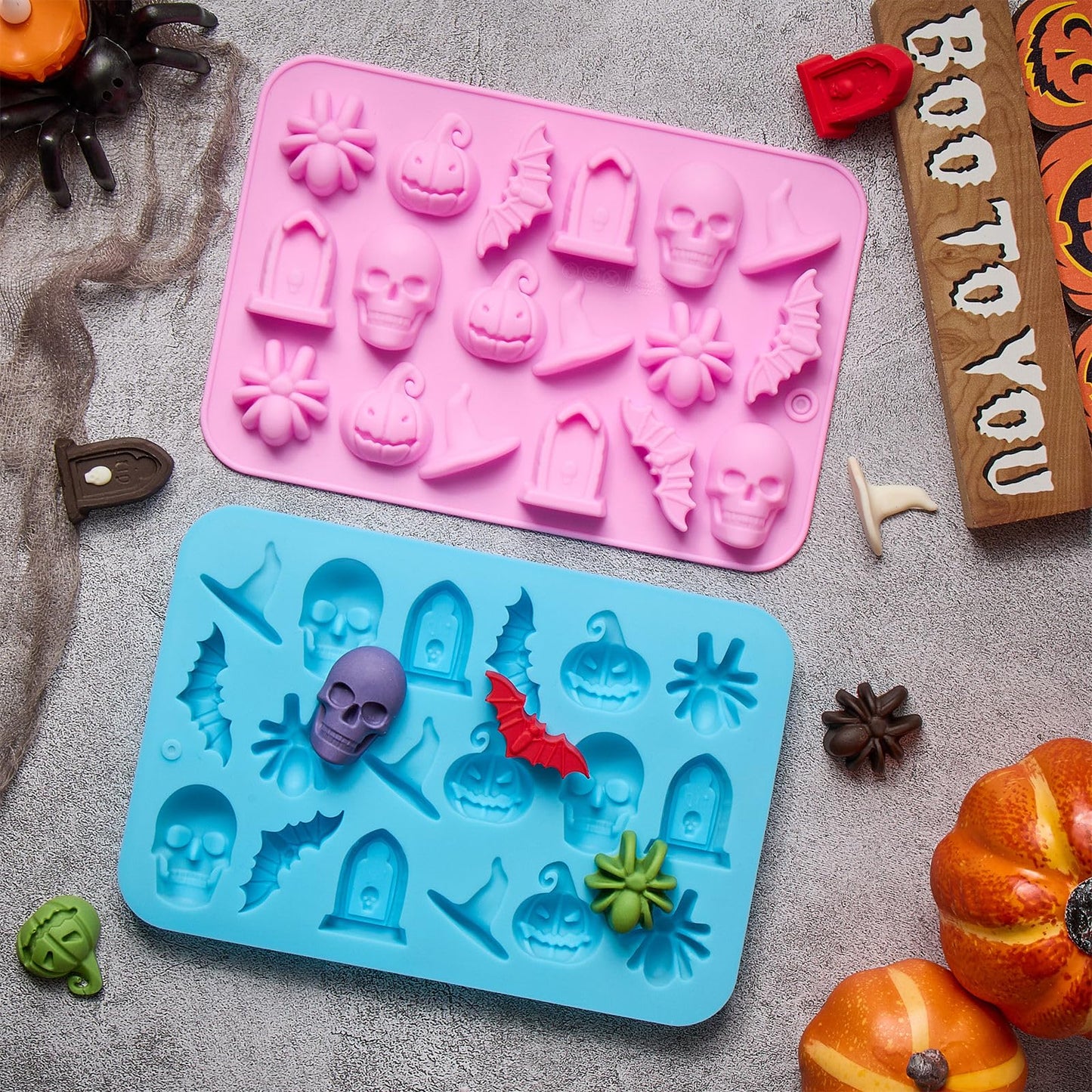 JOERSH Halloween Chocolate Silicone Molds, 5PCS Pumpkin Bat Skull Ghost Spider Shaped Cake Mold Non Stick Baking Pan for Cupcake, Muffin, Candy, Jello, Soap, Candle, Cake Decorating