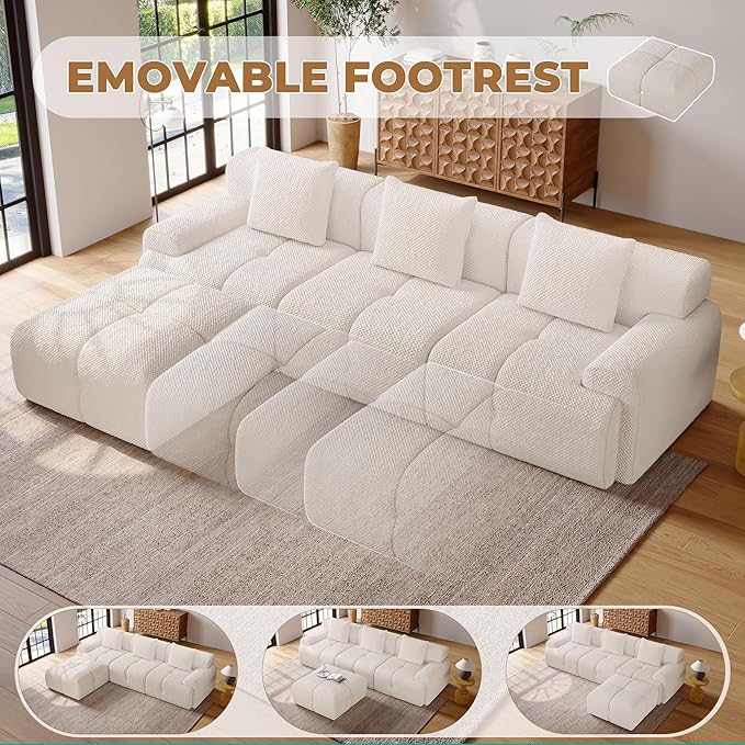 104" Modern L Shaped Modular Sectional Sofa, 4 Seater Convertible Chenille Cloud Couch Sofa Set, Boneless Couches for Living Room with Ottoman, No Assembly Required, White