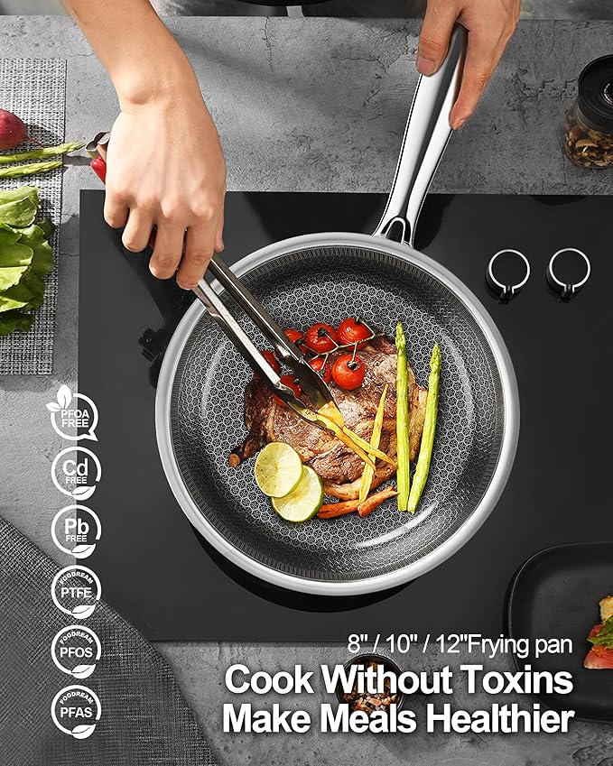 FogDream 3 Pcs Non Stick Frying Pans without Lids, 8, 10 & 12 Inch Stainless Steel Skillets, Tri-Ply Stainless Steel for All Cooktops, Dishwasher & Oven-Safe Cooking Pan, Stay-Cool Handle, Silver