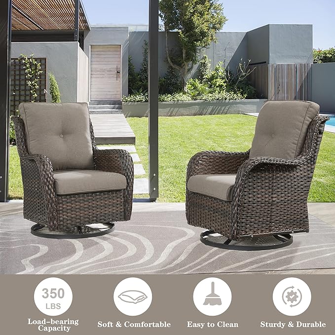 Belord Outdoor Wicker Furniture Patio Set - 7 Piece Backyard Furniture Brown Rattan Conversation Sets with Swivel Rocker Chairs, Rattan Sofa, Club Chairs and Coffee Table, Grey Cushion
