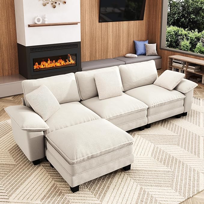 MIXPATIO 123-Inch L Shaped Sectional Sofa with Cloud Cushions, Deep Seat Modular Couch Set w/ 4 Seats & 1 Ottomans, Removable Arms, Plush Chenille Upholstery for Living Room, Apartment - Beige