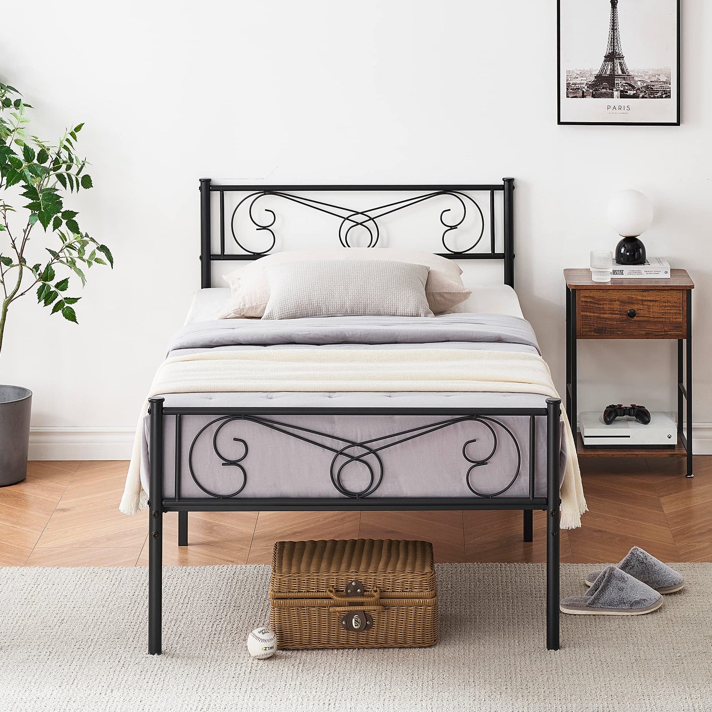 FinerFurnis Twin Size Metal Platform Bed Frame with Headboard and Footboard, No Box Spring Needed, Under Bed Storage Space, Mattress Foundation, Simple Assembly, Modern Style Bed Frame Platform